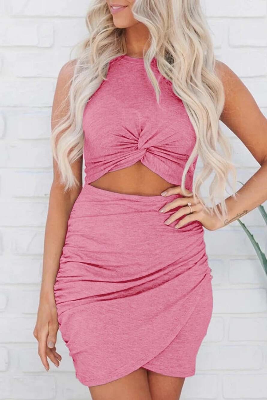 BTFBM Pink Cutout Twist Front Bodycon Mini Dress Medium Tulip Hem Barbiecore